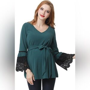 Kimi + Kai Clara Teal and Black Bell Sleeve Tie Tunic Top